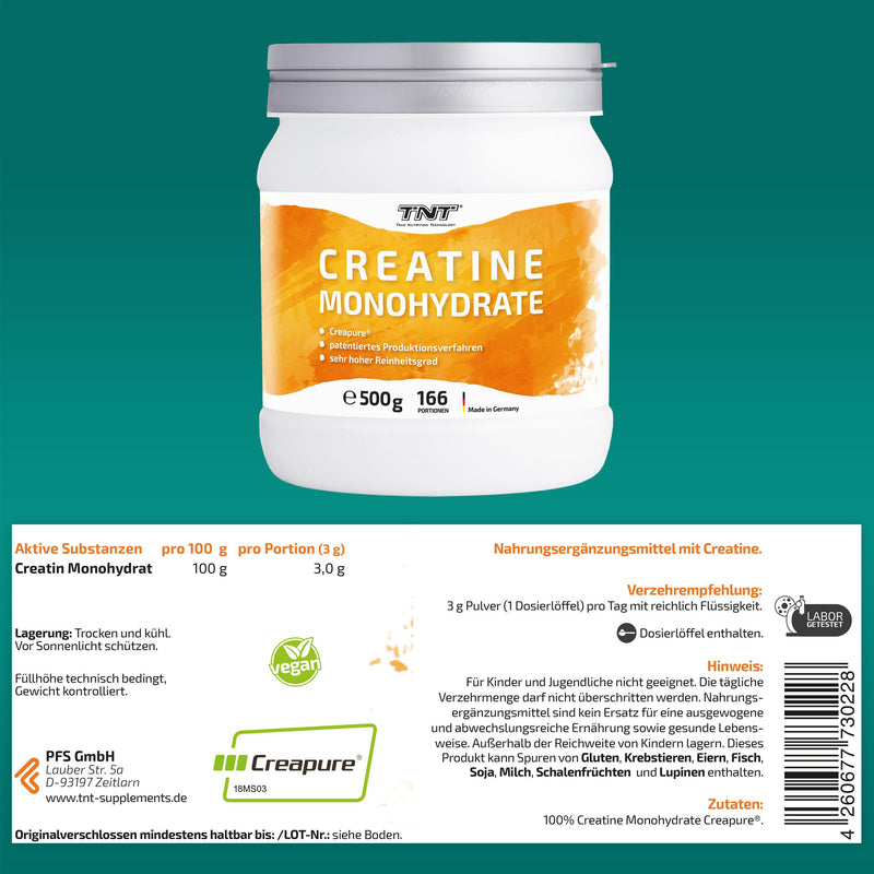 TNT Creatine Monohydrate (500g) • Pure Creapure ® • Vegan Creatine Powder • Creatine Monohydrate without additives 500g (pack of 1) - NewNest Australia