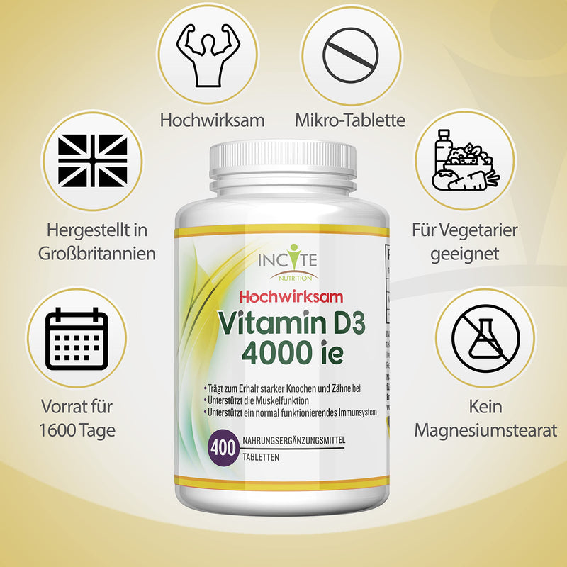 Vitamin D 4000 Iu - 400 Easy To Absorb Premium Vitamin D3 Micro Tablets - Every Four Day Highly Effective Tablet Cholecalciferol Vit D3 - Vegetarian Supplement - Made By Incite Nutrition In The Uk - NewNest Australia