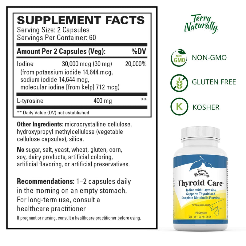 Terry Naturally Thyroid Care - Iodine + L-Tyrosine, 120 Capsules - Thyroid Support Supplement, Promotes Energy, Metabolism & Lustrous Hair - Non-GMO, Gluten-Free, Kosher - 60 Servings 120 Count (Pack of 1) - NewNest Australia