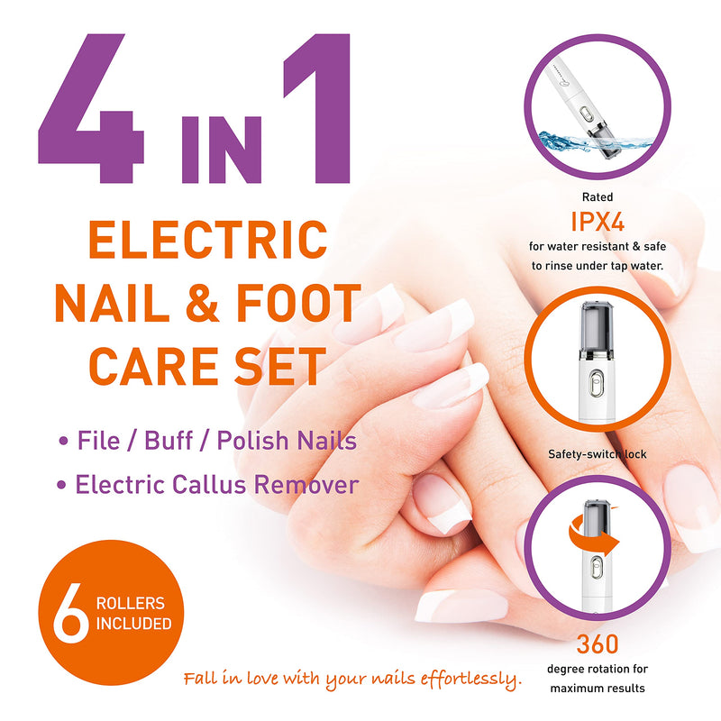 Own Harmony Electric Foot File Callus Remover & Electronic Nail File (4 in 1) Best Mani Pedi Tools - Professional Manicure & Pedicure Care Set - Perfect Toenail Polisher and Shine Buffer (USB Cord) White - NewNest Australia