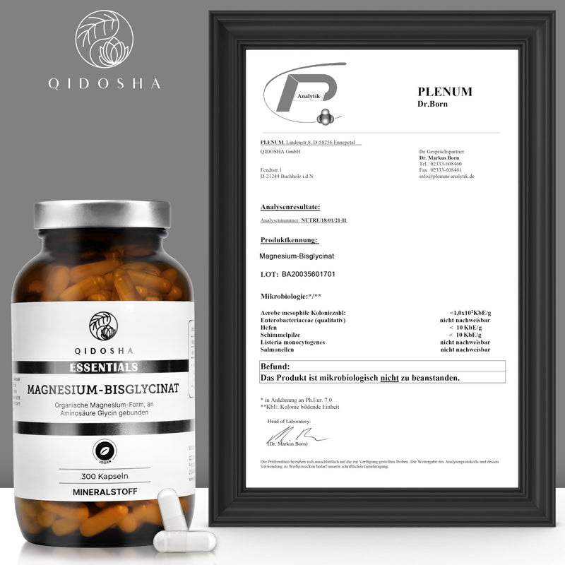 QIDOSHA® Magnesium Bisglycinate capsules, 300 pieces in a pharmacy jar, organic magnesium form as magnesium glycinate, 300 mg elemental magnesium per daily portion from 1500 mg magnesium bisglycinate - NewNest Australia