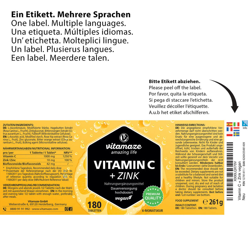 High-dose vitamin C 1000 mg + zinc, vegan & optimally bioavailable, 180 tablets for 6 months, natural dietary supplement without unnecessary additives, made in Germany - NewNest Australia