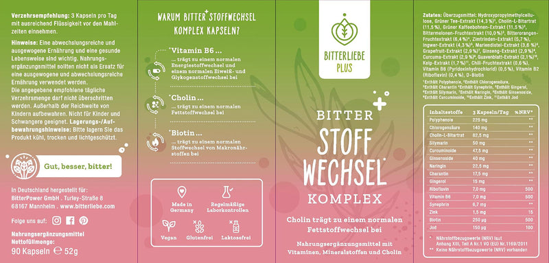 BitterLiebe® Plus Bitter Metabolism Complex Metabolism Tablets with Bitter Substances Pack of 90 with Choline and Zinc for Fat Metabolism - NewNest Australia