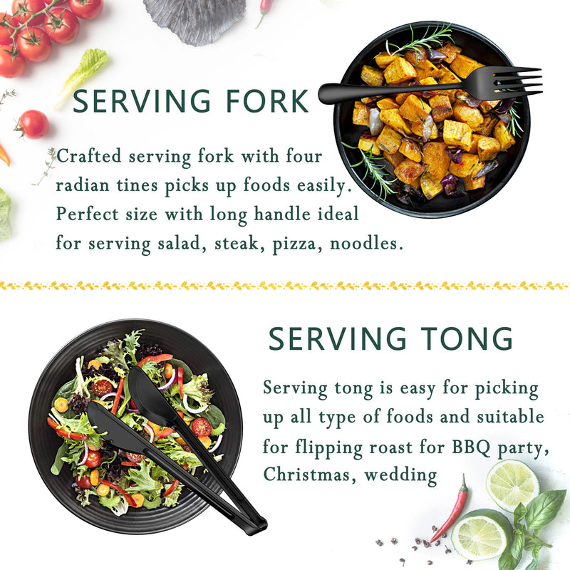 Herogo 8 Pieces Black Stainless Steel Serving Utensils Set, 8.7 Inch Serving Spoons, Slotted Serving Spoons, Serving Forks, 9.4 Inch Serving Tongs for Catering Banquet Buffet Party, Dishwasher Safe - NewNest Australia