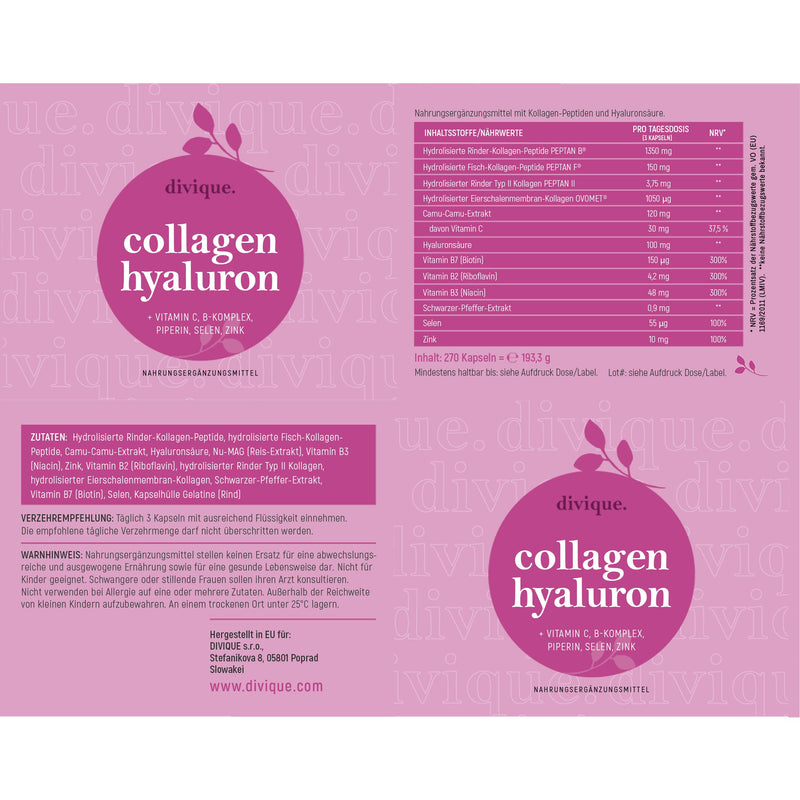 Divique Collagen Capsules High Dose Pack Of 270 - Collagen Complex Type 1, 2, 3, 5, 10 - Hyaluronic Acid Collagen Capsules With Hyaluron, Vitamin C, Biotin, Selenium, Zinc - 1500Mg Collagen - NewNest Australia