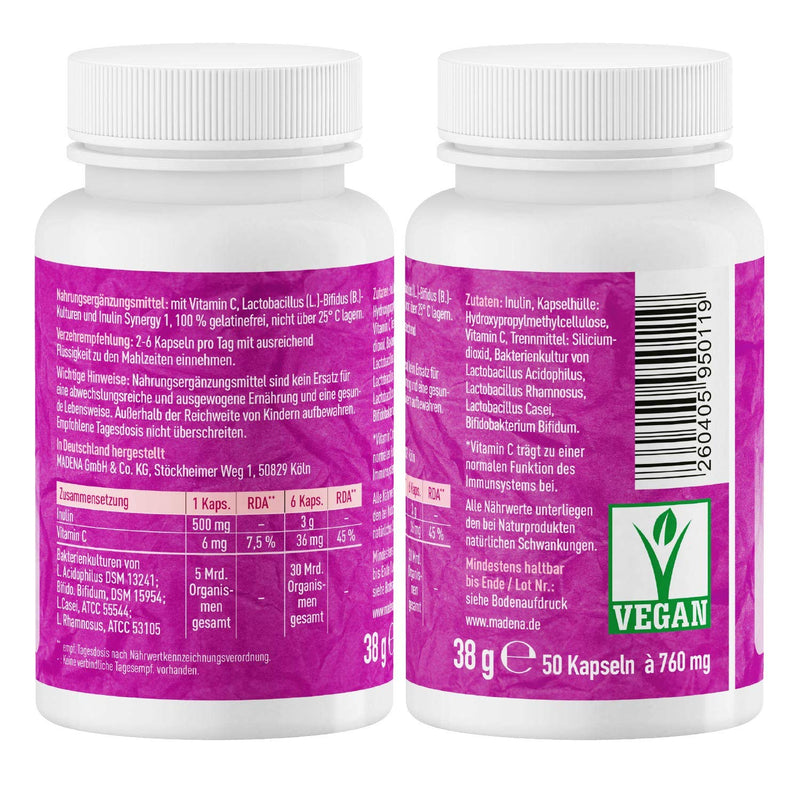 Madena Symbio Intestinal Bacteria, Cultures Complex With Lactobacillus And Bifidobacterium Bifidum Cultures, Inulin Synergy 1, Vitamin C, 50 Vegan Capsules, To Strengthen The Immune System, 50 Pieces (Pack Of 1) - NewNest Australia