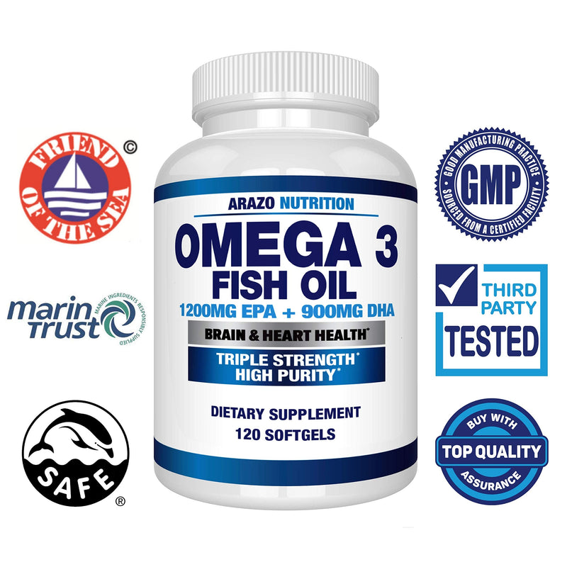 Omega 3 Fish Oil 4,080mg - High EPA 1200mg + DHA 900mg Triple Strength Burpless Softgels - Arazo Nutrition (120 Soft Gels) 120 Count (Pack of 1) - NewNest Australia