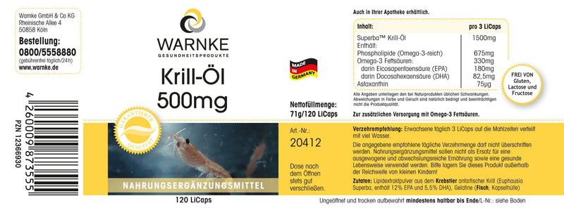 High-dose krill oil capsules - 1500 mg per daily dose - Omega 3 EPA + DHA Plus Astaxanthin - 120 Licaps | Warnke vital substances - NewNest Australia