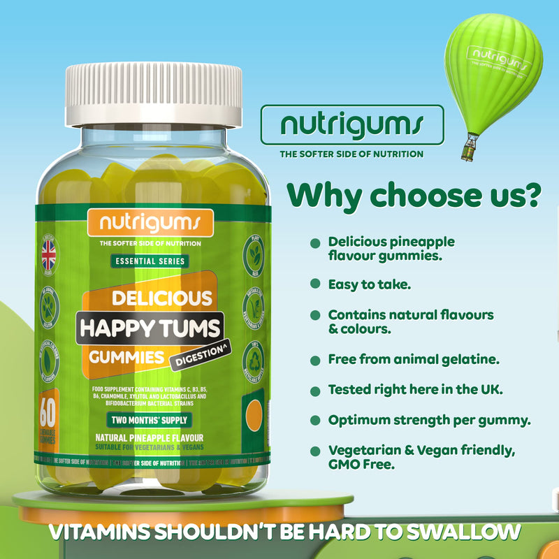 NUTRIGUMS® Happy TUMS (Probiotics) 60 Vegan Gummies. Pineapple Flavour. Gut & Digestive Health 1.25 Billion CFU Probiotics, Vitamins C, B3, B5, B6, Chamomile and Xylitol. for Adults + Kids Age 5+ - NewNest Australia