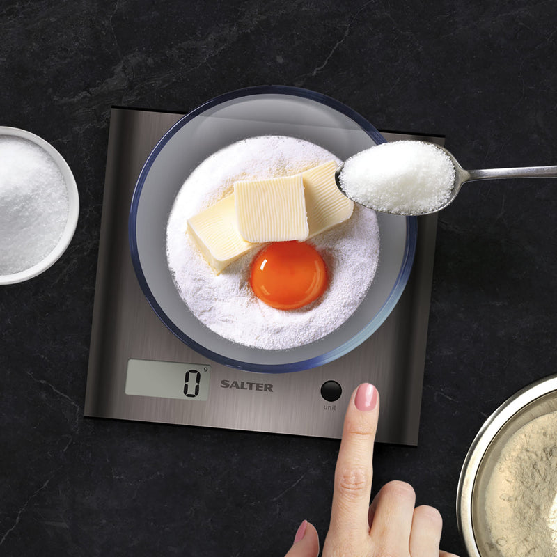 Salter 1087 SSDR Arc Digital Kitchen Scale, 3 Kg Maximum Capacity, Curved Design, Home Kitchen Cooking Scale, LCD Display, Easy to Clean, Add , Weigh, Compact, Stainless Steel Silver - NewNest Australia