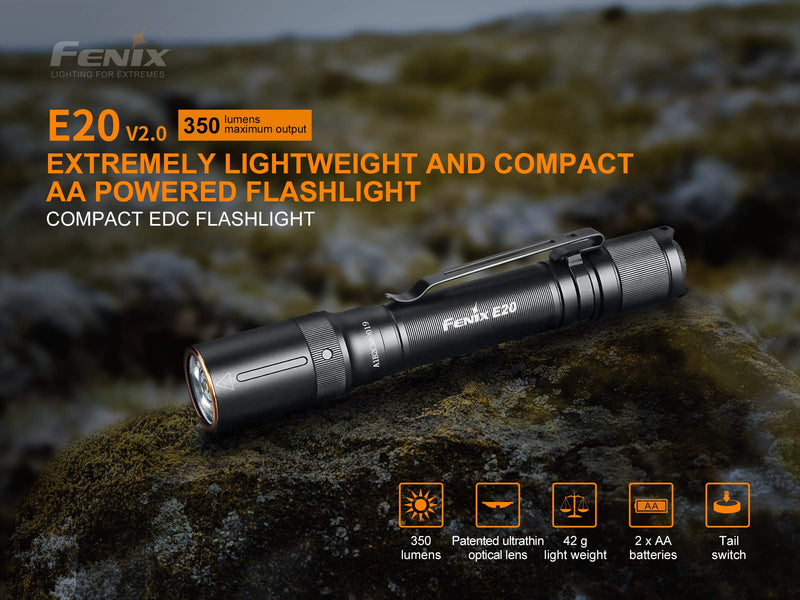 Fenix E20 V2 350 Lumen LED Tactical Flashlight with Two EdisonBright AA Alkaline Batteries - NewNest Australia