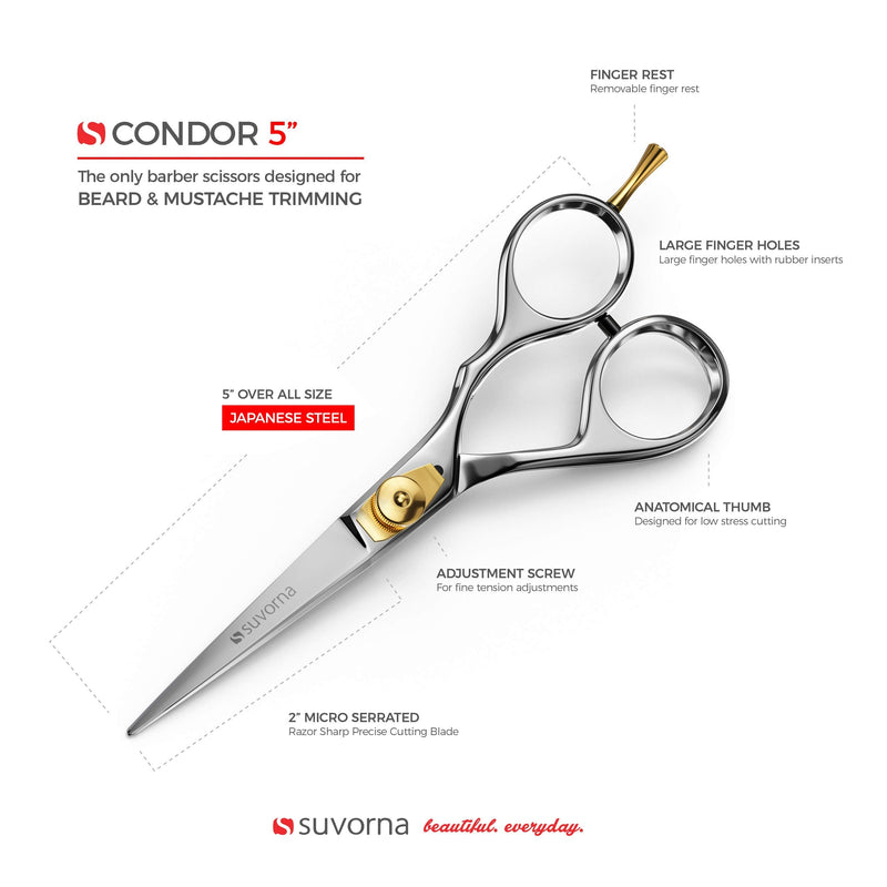 Suvorna Condor 5" Beard Scissors For Men, Moustache Scissors, Nose Hair, Facial & Body Hairdressing Scissors with tension adjustment. Razor Sharp, Serrated bottom edge cuts thickest of hairs easily. Polished Steel - NewNest Australia