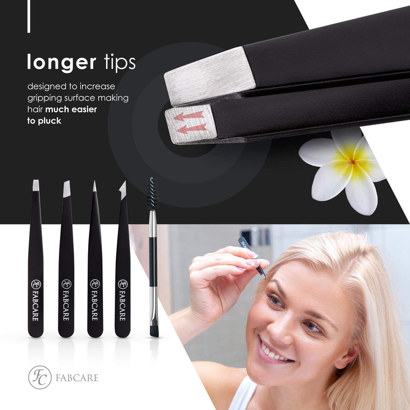 Fabcare Tweezers For Plucking Eyebrows (Slanted) Incl. Case - Improved Tip - Professional Eyebrow Tweezers With Anti-Slip Coating - Plucking Tweezers For Hair Removal - Tip Tweezers (Set) Ensemble De 5 Pi√®Ces - NewNest Australia