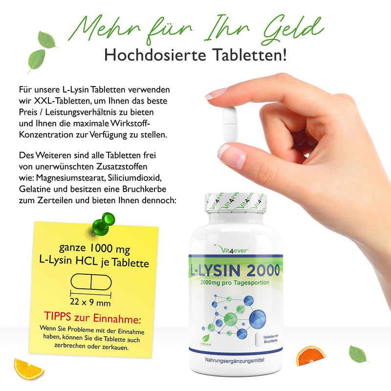 L-Lysine 2000-365 tablets - 1000 mg per ONE tablet - From plant fermentation - Laboratory tested - Without unwanted additives - High dosage - for vegan, immune system 365 pieces (pack of 1) - NewNest Australia