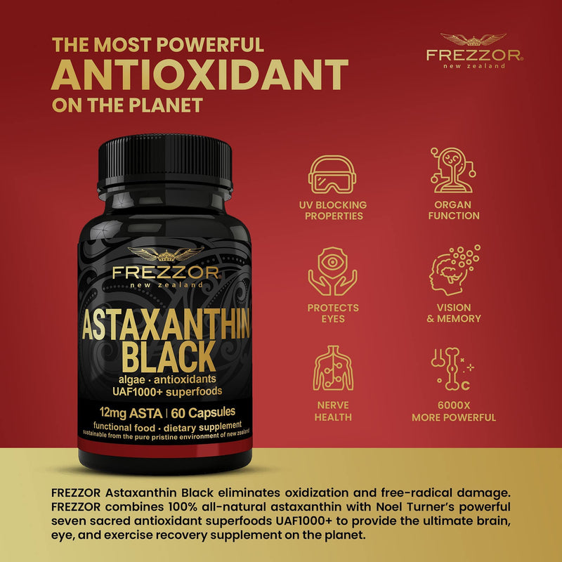 FREZZOR New Zealand Astaxanthin Black with UAF1000+, Anti-Aging, Skin, Eye, Nerve, Muscle Recovery, Cardiovascular and Immune Support Antioxidant Supplement, 12mg Astaxanthin, 30 Servings, 1 Bottle - NewNest Australia