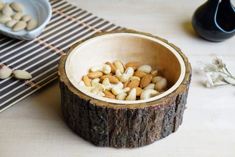 NewNest Australia - GoCraft Mango Wood Nut Bowl with Tree Bark, Small, 6" Diameter x 3" Height, Single Bowl 