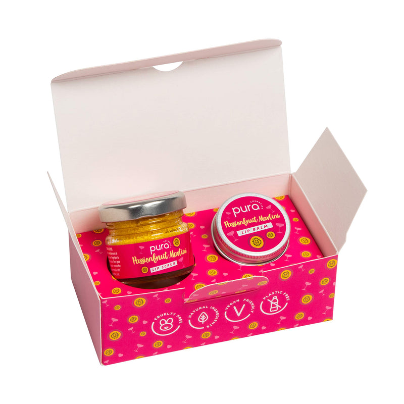 Pura Cosmetics Passionfruit Martini Lip Scrub and Balm Gift Set - Vegan, Natural Ingredients, Cruelty-Free, Plastic-Free Packaging & Handmade in the UK - NewNest Australia