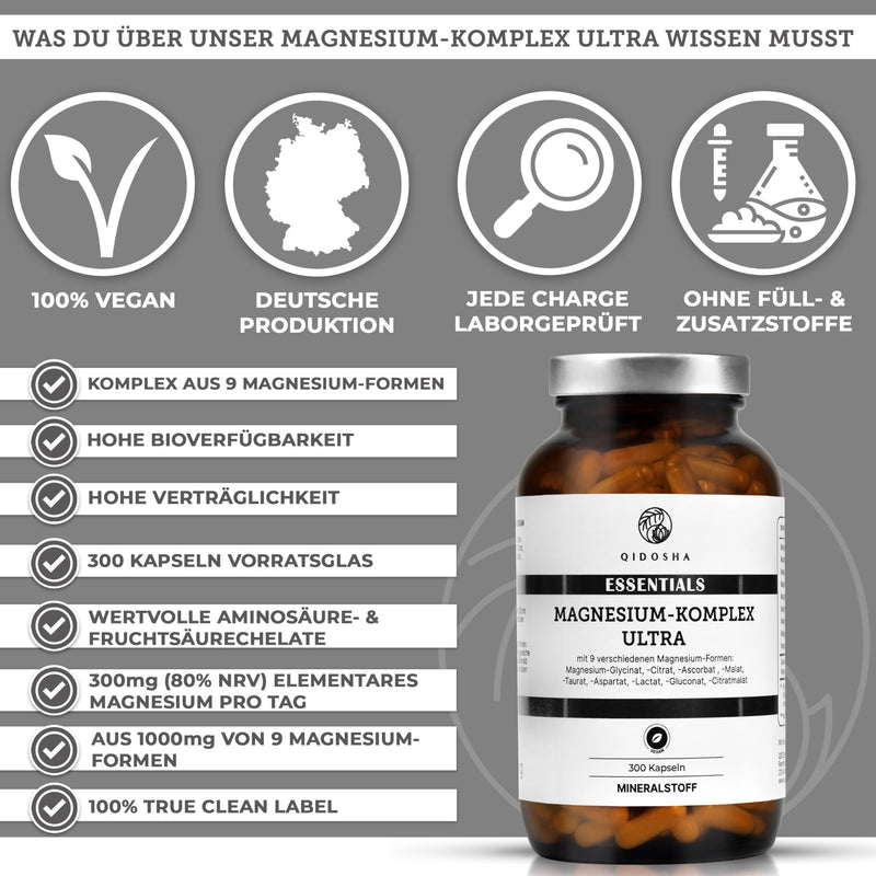 QIDOSHA® Magnesium Complex Capsules, 300 pieces in a pharmacy jar, 9 organic magnesium forms with complementary key effects as a full spectrum magnesium, 300mg elemental magnesium/daily portion - NewNest Australia