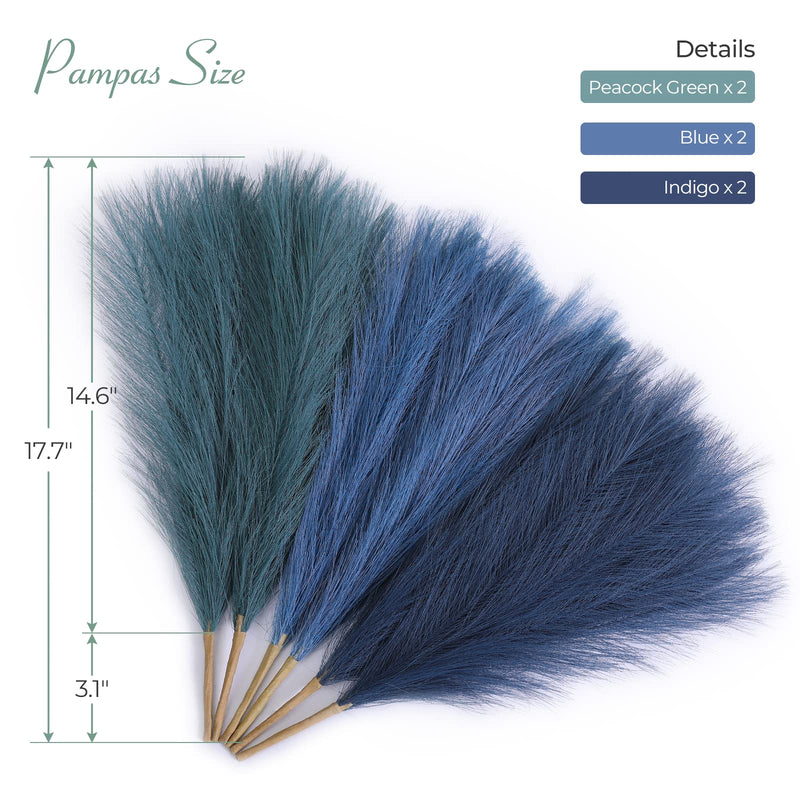 Serwalin Blue Pampas Grass Decor Small 17.7 Inch 6pcs, Artificial Pampas Grass Living Room Home Office Vase Filler, Pampas Grass Branches Arrangements Boho Party Wedding Centerpieces Non-Shedding Blue & Indigo & Peacock Green - NewNest Australia