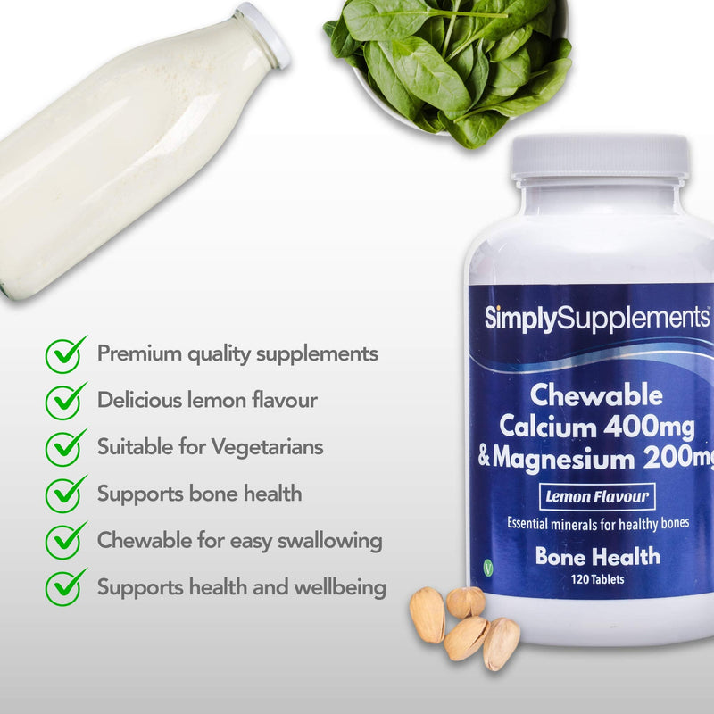 Chewable Calcium & Magnesium Tablets (120 Tablets) | Delicious Lemon Flavour | Vegan & Vegetarian Friendly | Crucial Nutrients for Bones & Muscles | Optimal 2:1 Ratio - NewNest Australia