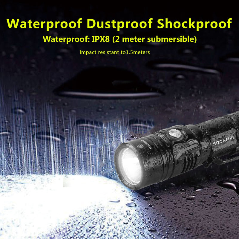 Cree XP-L LED Rechargeable Flashlight,soonfire E07 USB Waterproof 1000 Lumen Compact EDC Flashlight with type 18650 3400mAh rechargeable Li-ion battery (Black) Black - NewNest Australia