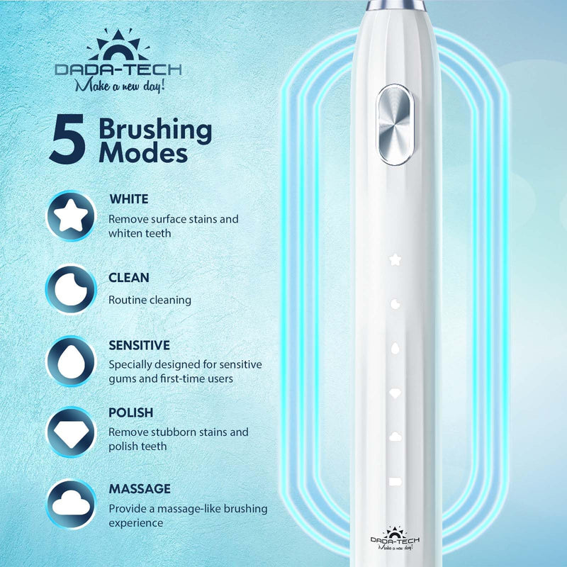 Dada-Tech Electric Toothbrush With Sonic Technology, For Adults And Children, Rechargeable With Automatic Cleaning Reminder, Waterproof For Shower, 5 Toothbrush Modes (New White) - NewNest Australia