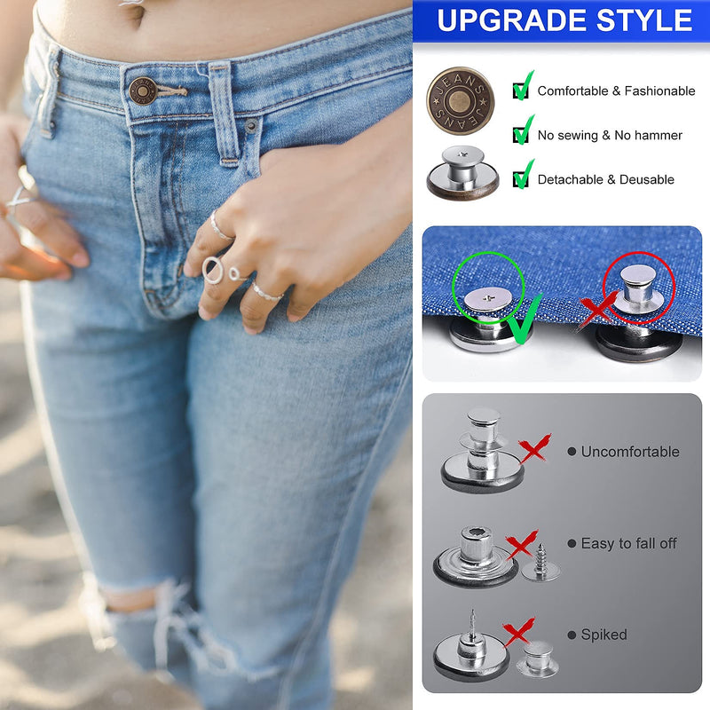 12 Sets Adjustable Buttons for Jeans, 20mm No Sew Instant Metal Buttons, Removable Jean Buttons Replacement Repair Kit with Threads Rivets and Screwdriver - NewNest Australia