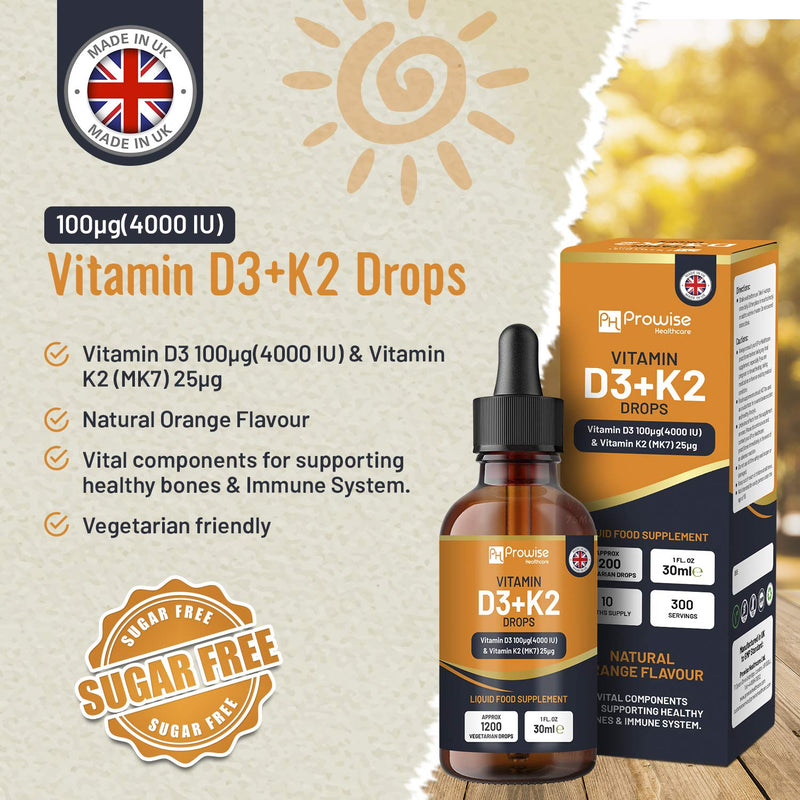 Vitamin D3 4000iu + K2 MK7 25µg I Orange Liquid Drops I High Strength 4000iu D3 + 25µg K2- 30ml Bottle I Fast Absorption I 1200 Vegetarian Drops - Made in UK by Prowise Healthcare - NewNest Australia