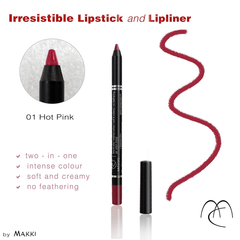 Hot Pink Makki Irresistible Lipstick & Lip Liner pencil intense rich colour finish long stay two-in-one soft and creamy no feathering, smudge-proof, extremely gliding, lip art and designer lips 01 Hot Pink - NewNest Australia