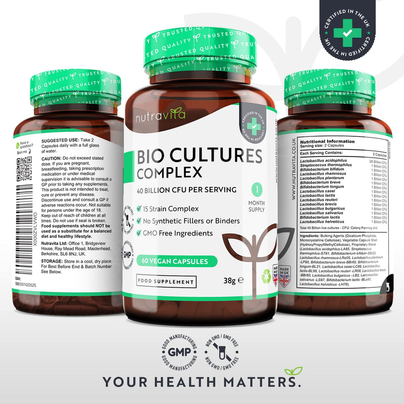 Bio Cultures Complex - 40 Billion Cfu Per Daily Dose With 15 Bacterial Strains - High Dose Vegan Probiotic Capsules With High Efficiency And Intensive Active Ingredient Content - Made By Nutravita - NewNest Australia