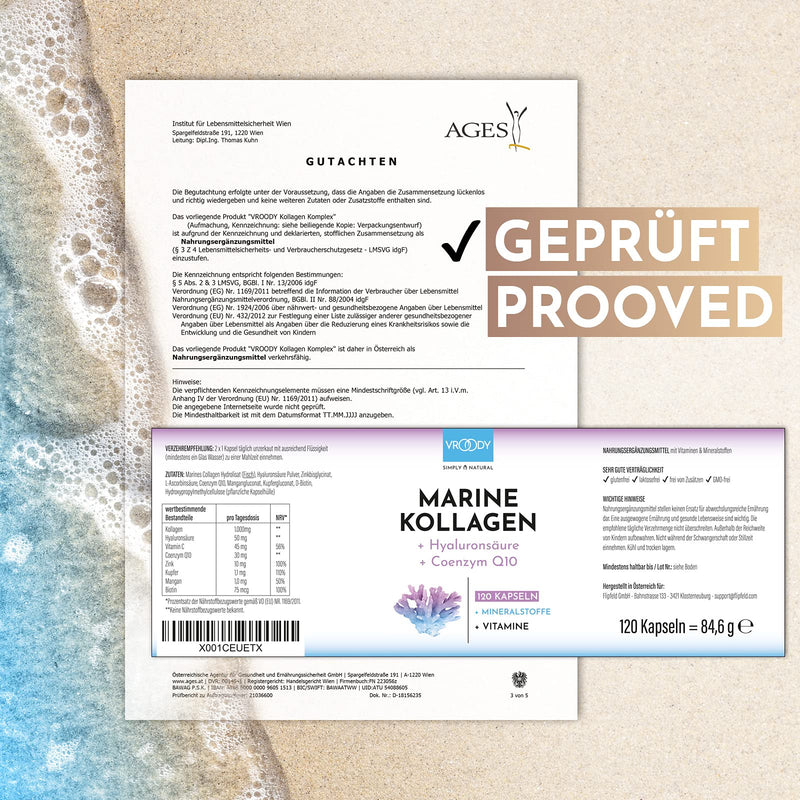 Premium Marine Collagen Combo 1000mg + Q10, hyaluronic acid, copper, manganese, vitamins C, zinc & biotin contribute to the maintenance of normal skin & hair; Made in Austria by VROODY - test result VERY GOOD! - NewNest Australia