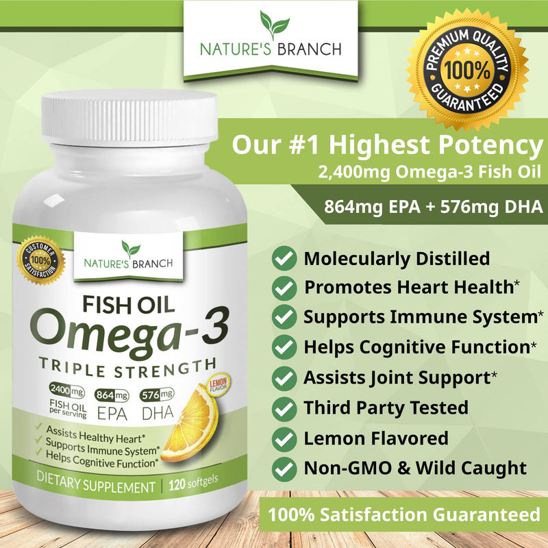 Best Triple Strength Omega 3 Fish Oil Pills 2400mg Burpless High Potency Lemon Flavor - 864mg EPA 576mg DHA Ultra Pure Liquid Softgels 120 Capsules for Brain Joints Eyes Hair Heart Health Supplement - NewNest Australia