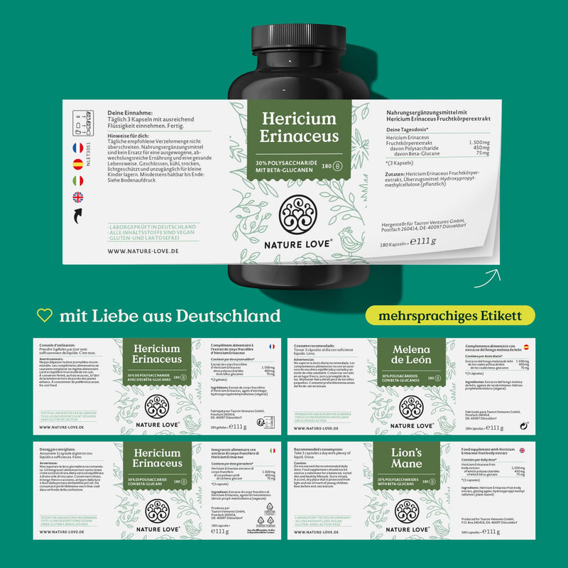 Nature Love Hericium Erinaceus - 180 Capsules - High Dose With 1500 Mg 30:1 Extract Per Daily Dose - 30% Polysaccharides And 5% Beta Glucans - Lions Mane Mushroom - Vegan And Laboratory Tested - NewNest Australia