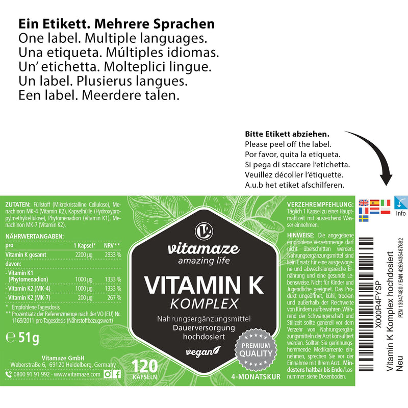 High-dose & vegan vitamin K complex, K1 1,000 mcg + K2 menaquinone (1,000 mcg MK4 + 200 mcg MK7), 120 capsules for 4 months, best bioavailability, Made in Germany - NewNest Australia