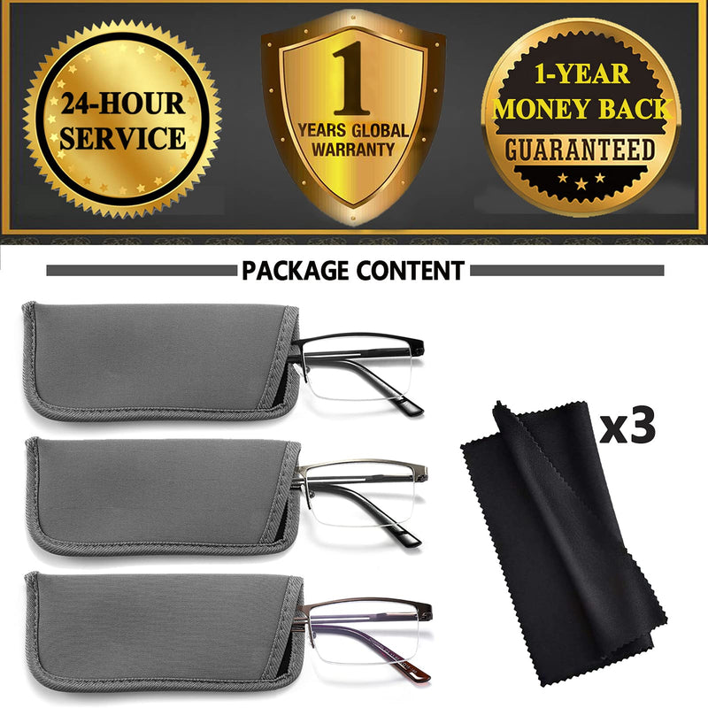 JJWELL 3PCS Men's Reading Glasses with Blue Light Filter, Blue Light Men's Reading Glasses, Rectangular Half Metal Reading Glasses Reading Aid, Anti-Eye Strain/UV, Anti-Blue Light Glasses with Vision 2.0 Black Gunmetal Brown 2.0 x - NewNest Australia