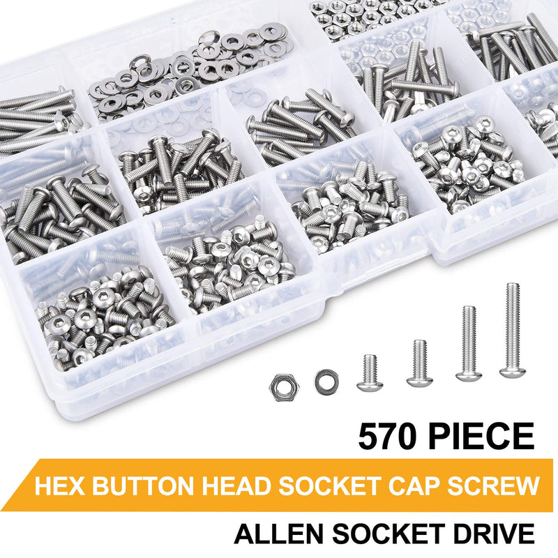 VIGRUE 570PCS Stainless Steel M3 Button Head Hex Socket Cap Screw Bolts, M3 x 4/5/6/8/10/12/14/16/18/20/25mm Screw and Nuts Flat Washer Assortment Kit, Fully Machine Thread - NewNest Australia