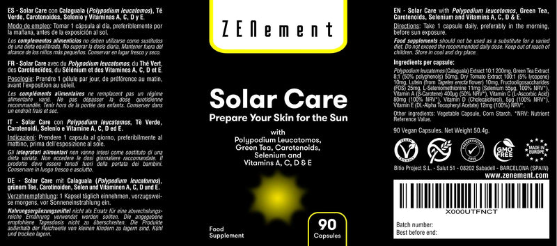 Solar Care with Polypodium leucatomos, Green Tea, Carotenoids, Selenium and Vitamins A, C, D & E, 90 Capsules | Protects Skin from The Sun, Prevents Sunburn, prepares for Sun Tanning | 100% Vegan - NewNest Australia