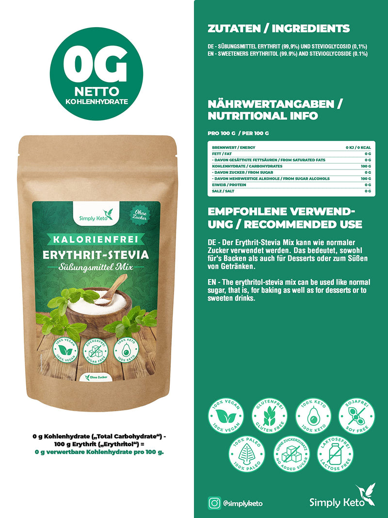 Simply Keto Erythritol Stevia Mix 1kg - Natural sugar substitute without calories - Stevia Erythritol mixture with 100% sweetness like sugar - Vegan - Suitable for Lower Carb* & Ketogenic Diet 1kg (pack of 1) - NewNest Australia