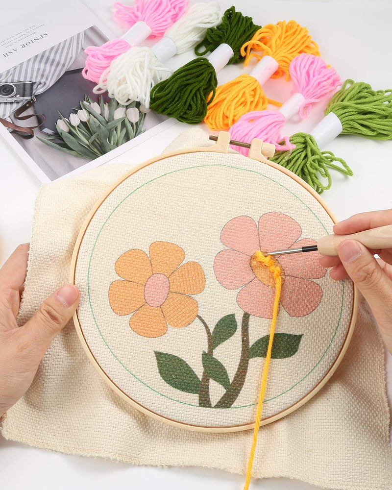 Pllieay 2 Set Punch Needle Embroidery Starter Kits Include Instructions, Punch Needle Fabric with Pattern, Yarns, Embroidery Hoops for Rug-Punch & Pinch Needle Flowers - NewNest Australia