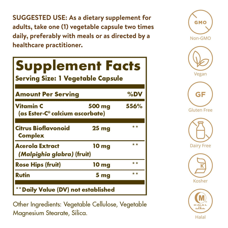 Solgar Ester-C Plus 500 mg Vitamin C (Ascorbate Complex) - Gentle & Non Acidic - Antioxidant & Immune Support - 100 Vegetable Capsules (100 Servings) 100 Count - NewNest Australia