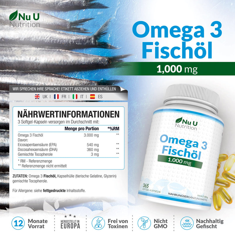 Omega 3 Fish Oil 1000mg - 365 Softgel Capsules - Pure Fish Oil from Sustainable Fishing - 900mg EPA & DHA per dose - Nu U Nutrition - NewNest Australia