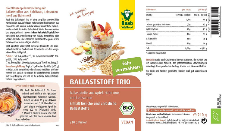 Raab Vitalfood Organic Fiber Trio (210 G) I With Apple Fiber, Oat Grain And Linseed From Organic Cultivation I High Fiber Content I Fine Ground I Ideal For Porridge And Cereal - NewNest Australia