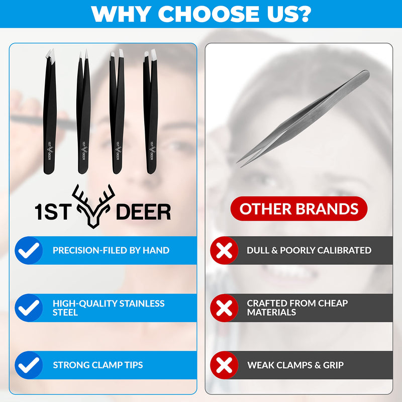 1St Deer Tweezers Set, 4 Piece Stainless Steel Precision Tweezers For Eyebrow Plucking Facial Hair Removal - Plucking Tweezers For Ingrown Hair, Blackheads And Tick Removal (Black) - NewNest Australia