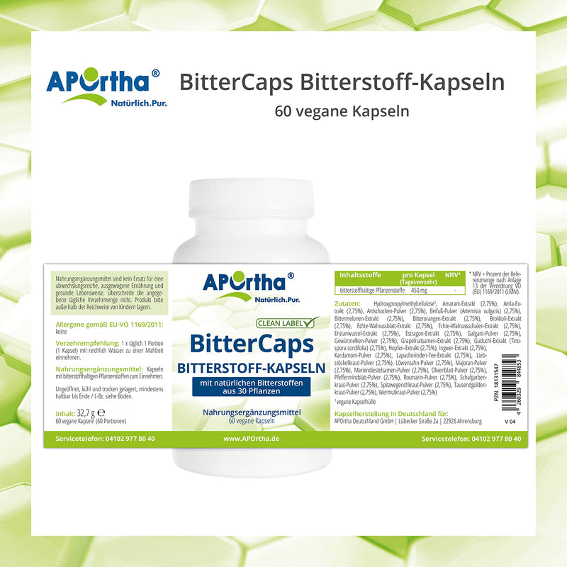 Aportha Bittercaps Bitter Substance Capsules, 60 Vegan Capsules, Made From 30 Plant Substances, No Bitter Taste, Alcohol-Free, Vegan, Gluten Free, Lactose Free, Allergy Free - NewNest Australia