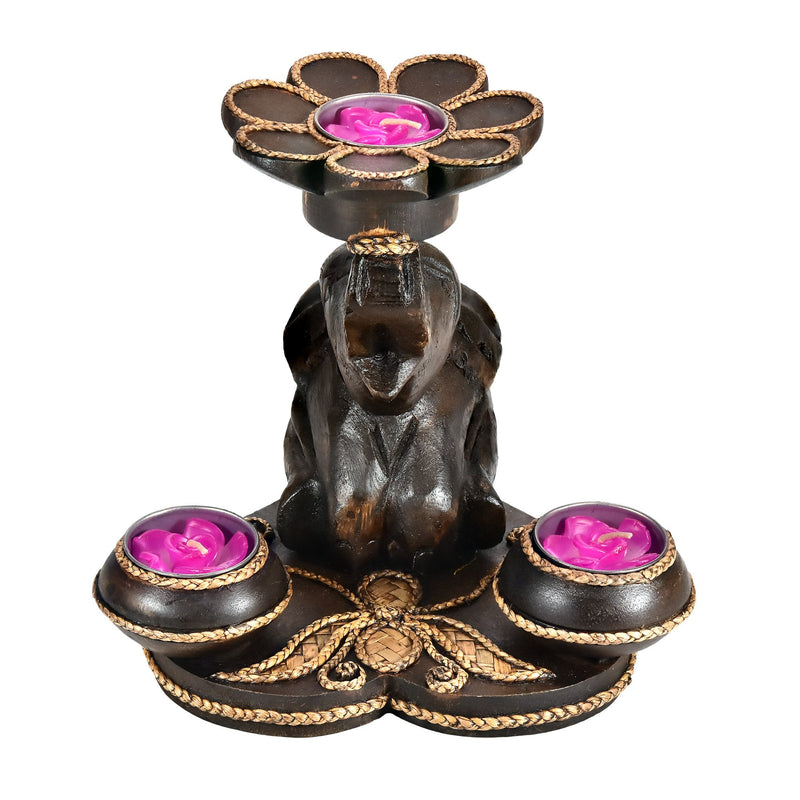 NewNest Australia - AeraVida Playful Hand Carved Elephant Under a Flower for Three Candles Holder 