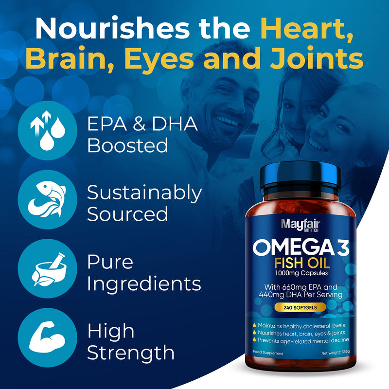 Omega 3 1000mg Capsules - 240 Fish Oil Tablets with 660mg EPA & 440mg DHA per Daily Serving - Supports Heart, Vision, & Brain Health - 4 Months Supply - Made in UK - NewNest Australia