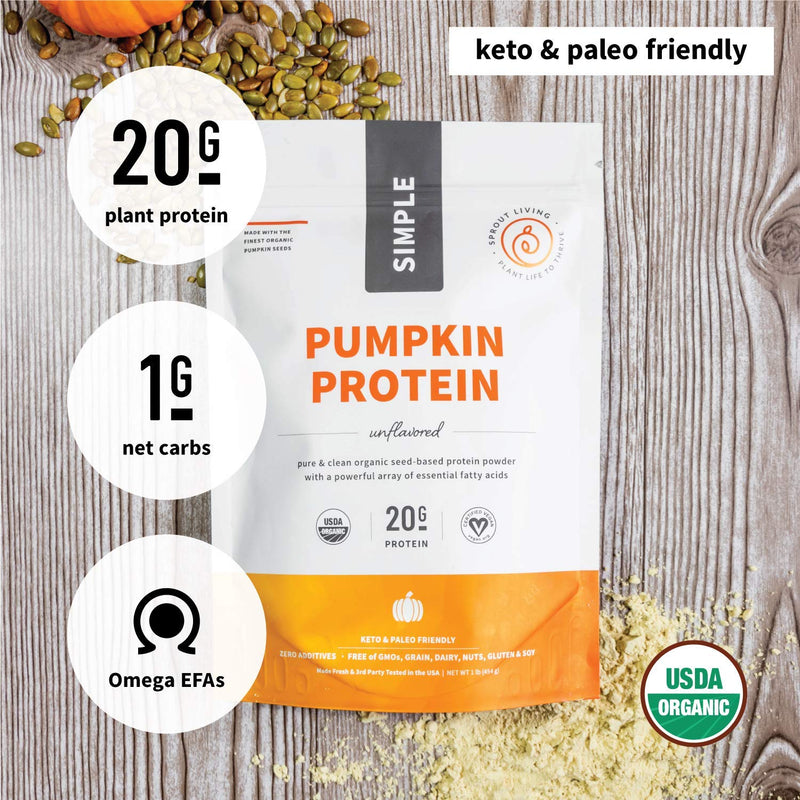 Sprout Living Simple Pumpkin Seed Protein Powder, 20 Grams Organic Plant Based Protein Powder without Artificial Sweeteners, Non Dairy, Non-GMO, Vegan, Gluten Free, Keto Drink Mix (1 Pound) 1 Pound (Pack of 1) - NewNest Australia