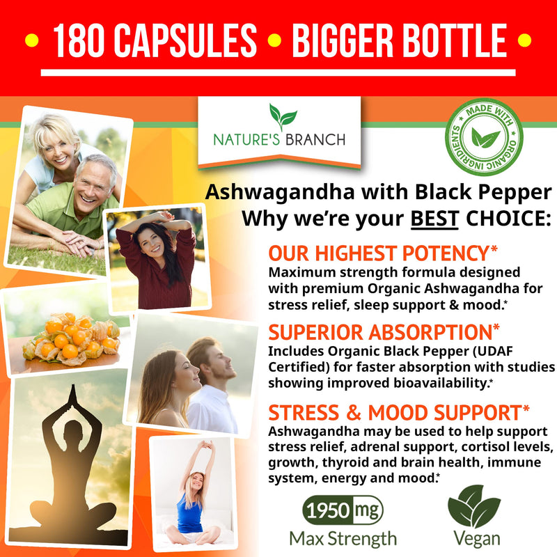 Organic Ashwagandha with Black Pepper - 180 Capsules - 1950mg Maximum Strength for Stress and Mood Support, Sleep, Thyroid, Energy, Hair Pure Root Extract Powder - Vegan Supplements for Men and Women - NewNest Australia