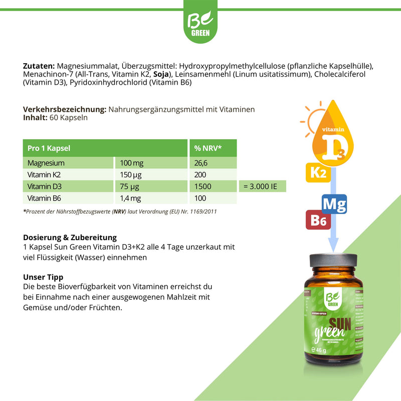 Begreen Sun Green Vitamin D3-K2 Magnesium Omega-3 Capsules High Dose 3,000 Iu Vitamin D3 And 150 ¬µg Vitamin K2 Per Capsule 100% Vegan Without Additives Pack Of 60 Made In Germany - NewNest Australia