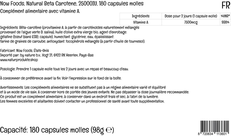 Now Foods, Natural Beta Carotene (natural beta carotene), 7,500mcg (25,000IU), 180 softgels, provitamin A, laboratory tested, soy-free, gluten-free, non-GMO - NewNest Australia